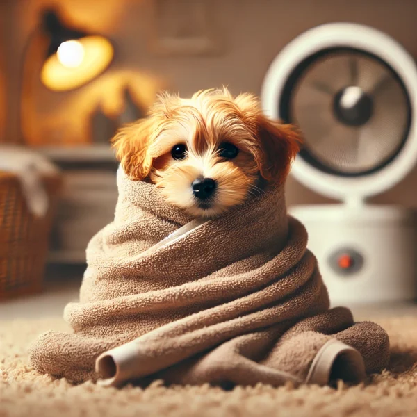 Cachorro envuelto en toalla después de un baño en invierno cada cuanto se bañan los perros