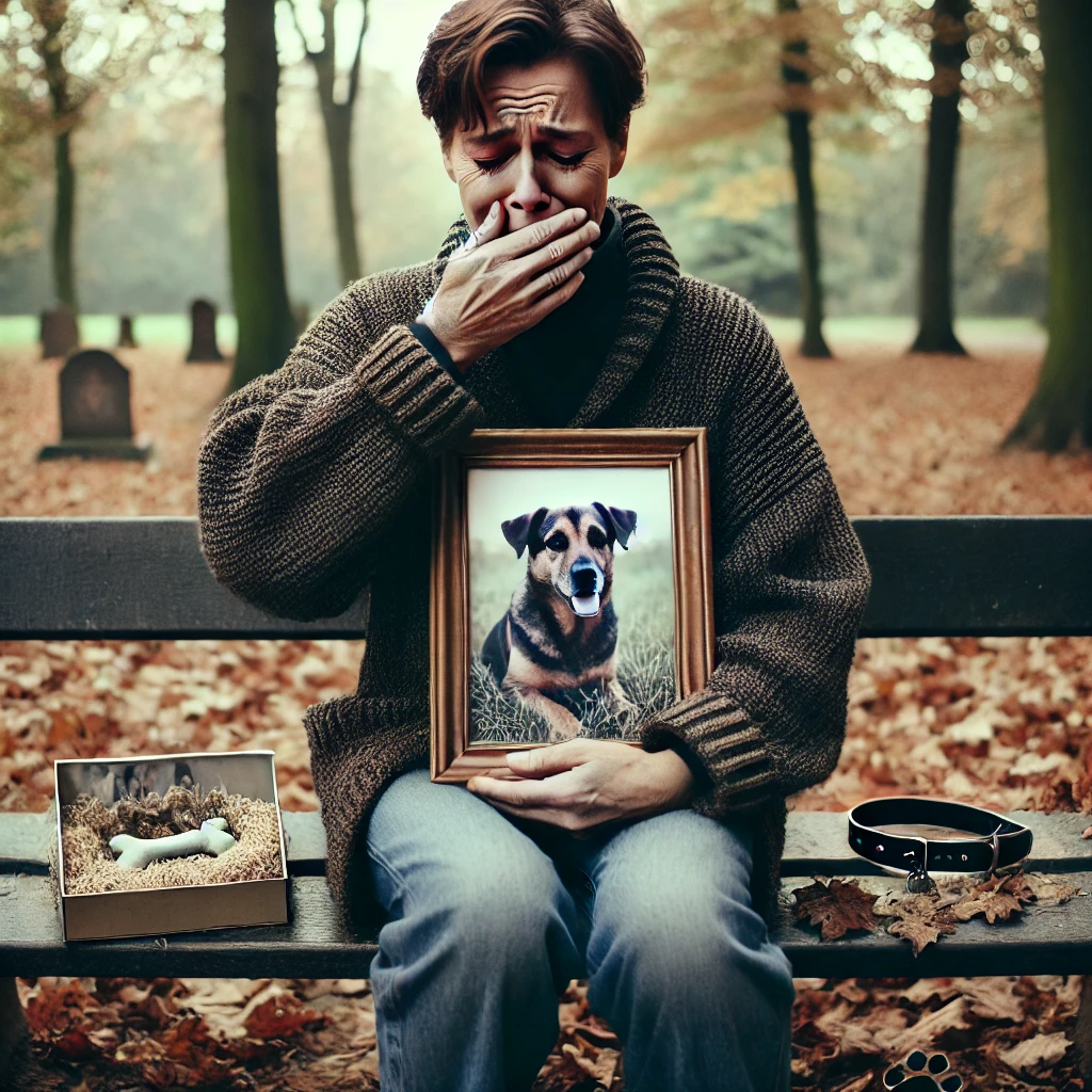 Persona llorando por la pérdida de su perro, homenajeando su memoria